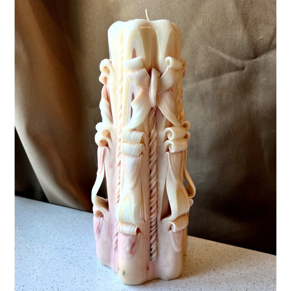 Carved Pillar Ribbon Candle Unused Bows Pink 1970s Handcrafted Vintage Gift